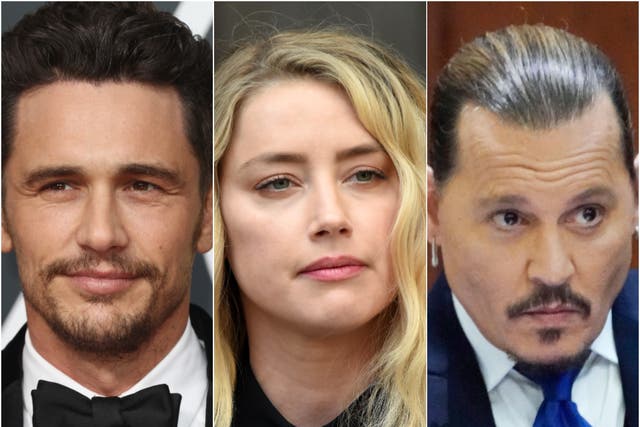 <p>Actors (L-R) James Franco, Amber Heard and Johnny Depp</p>