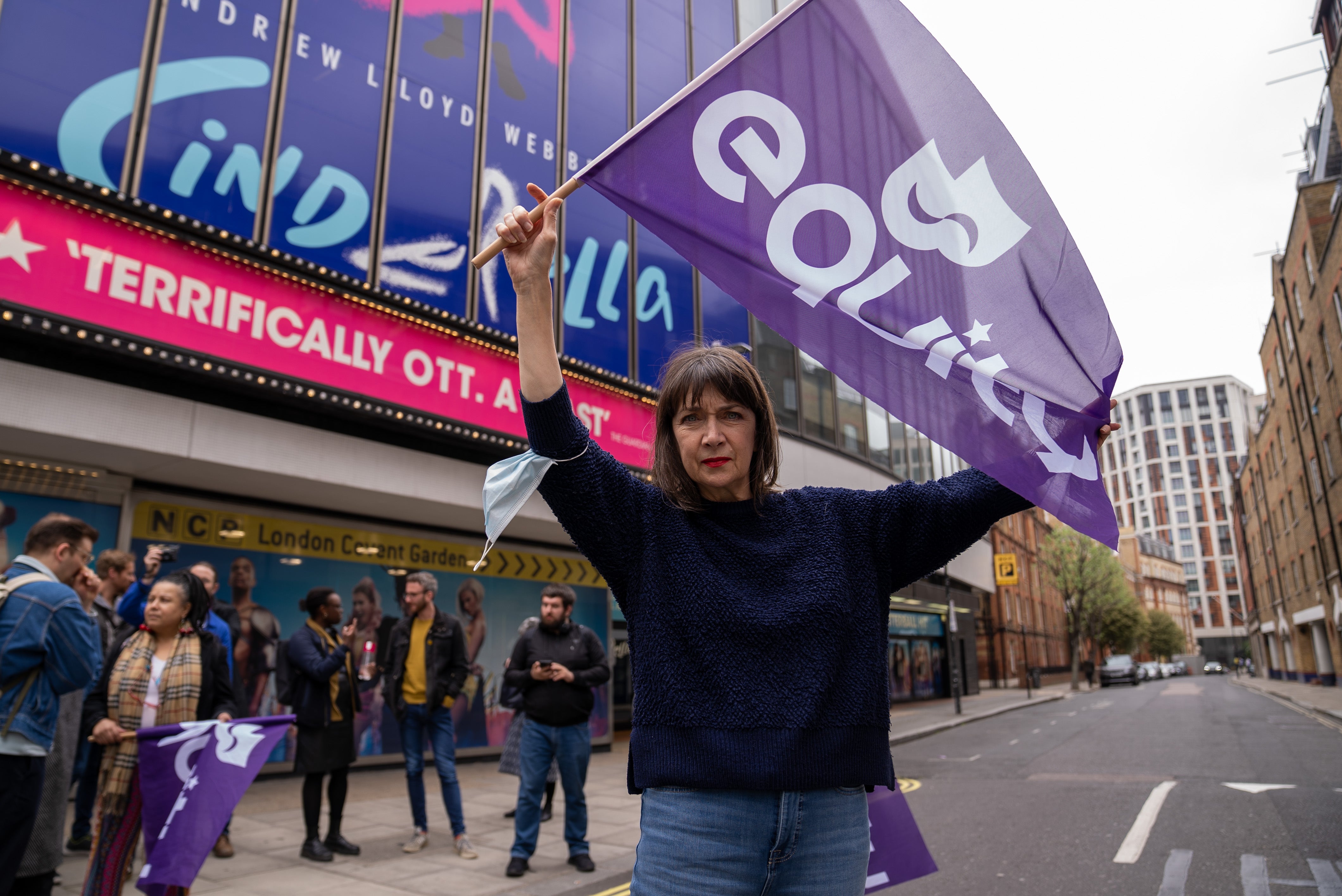 Equity president Maureen Beattie attends the protest at the Gillian Lynne Theatre