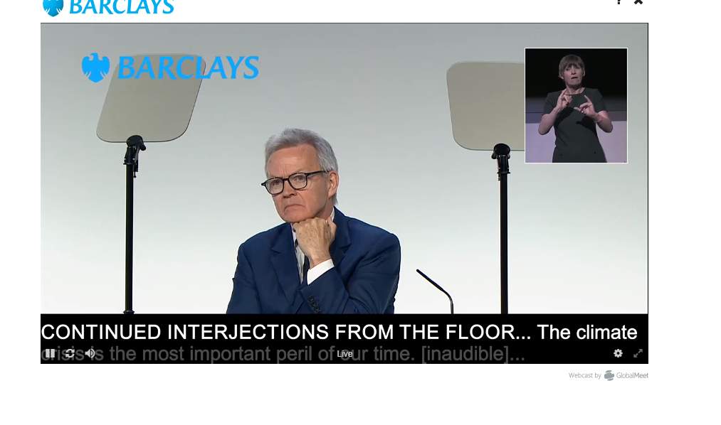 Barclays chairman Nigel Higgins was repeatedly interrupted by the protesters (screengrab/PA)