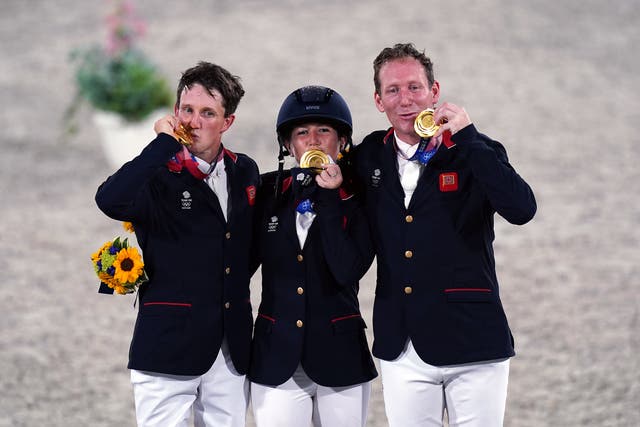 Tom McEwen (left), Laura Collett and Oliver Townend (Adam Davy/PA)