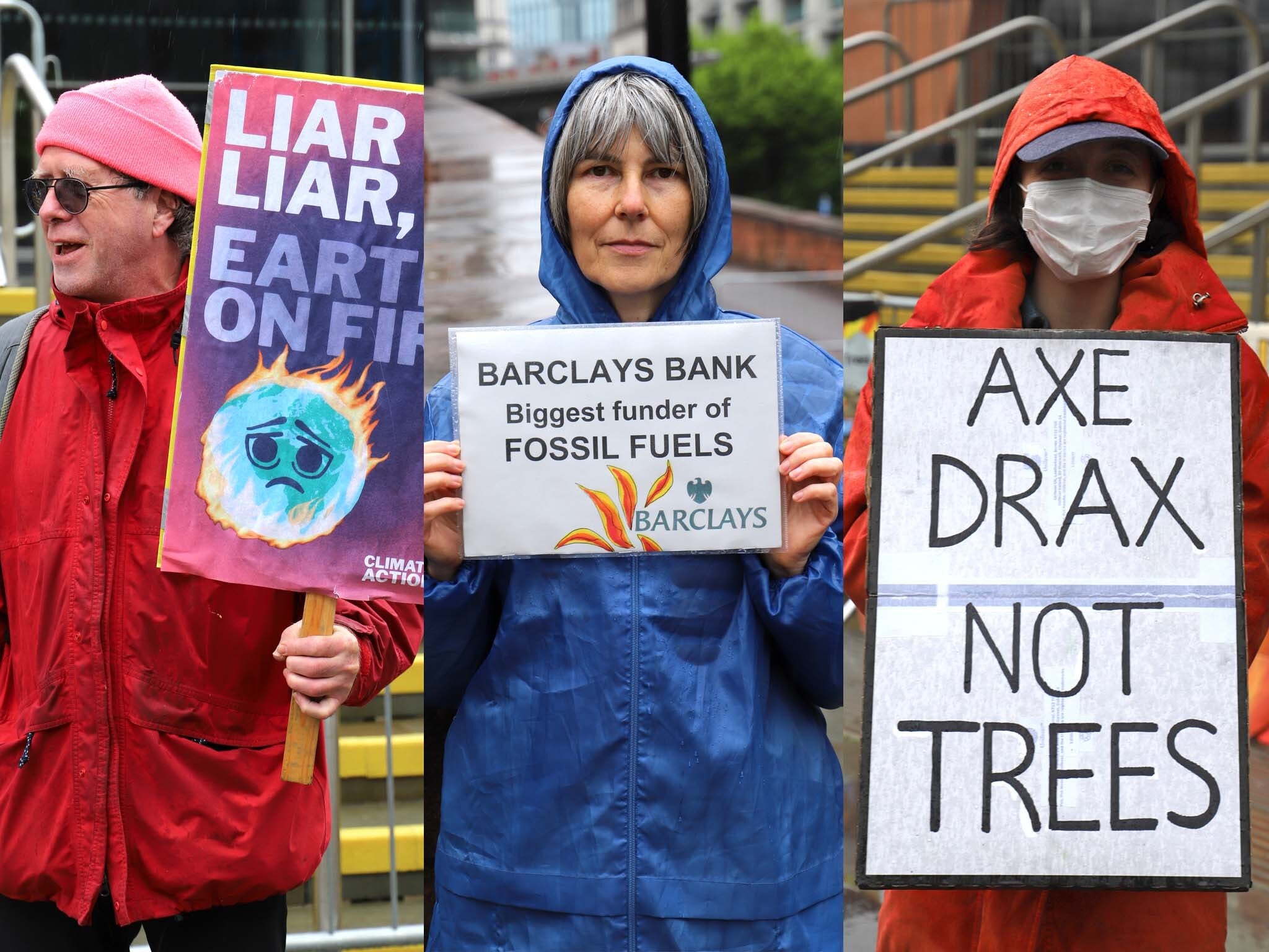 <p>Climate activists protest outside Barclays AGM in the rain in Manchester on Wednesday </p>