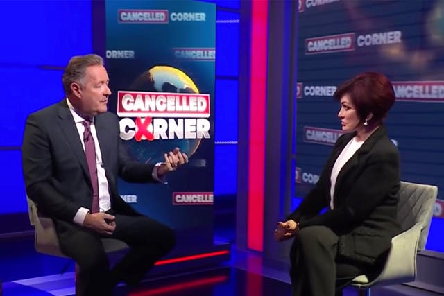 <p>Piers Morgan and Sharon Osbourne during the ‘Cancelled Corner’ segment of Morgan’s flagship TalkTV show</p>