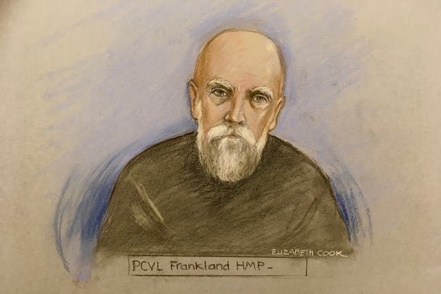 Court artist sketch of Wayne Couzens appearing via video link at a court hearing (Elizabeth Cook/PA)