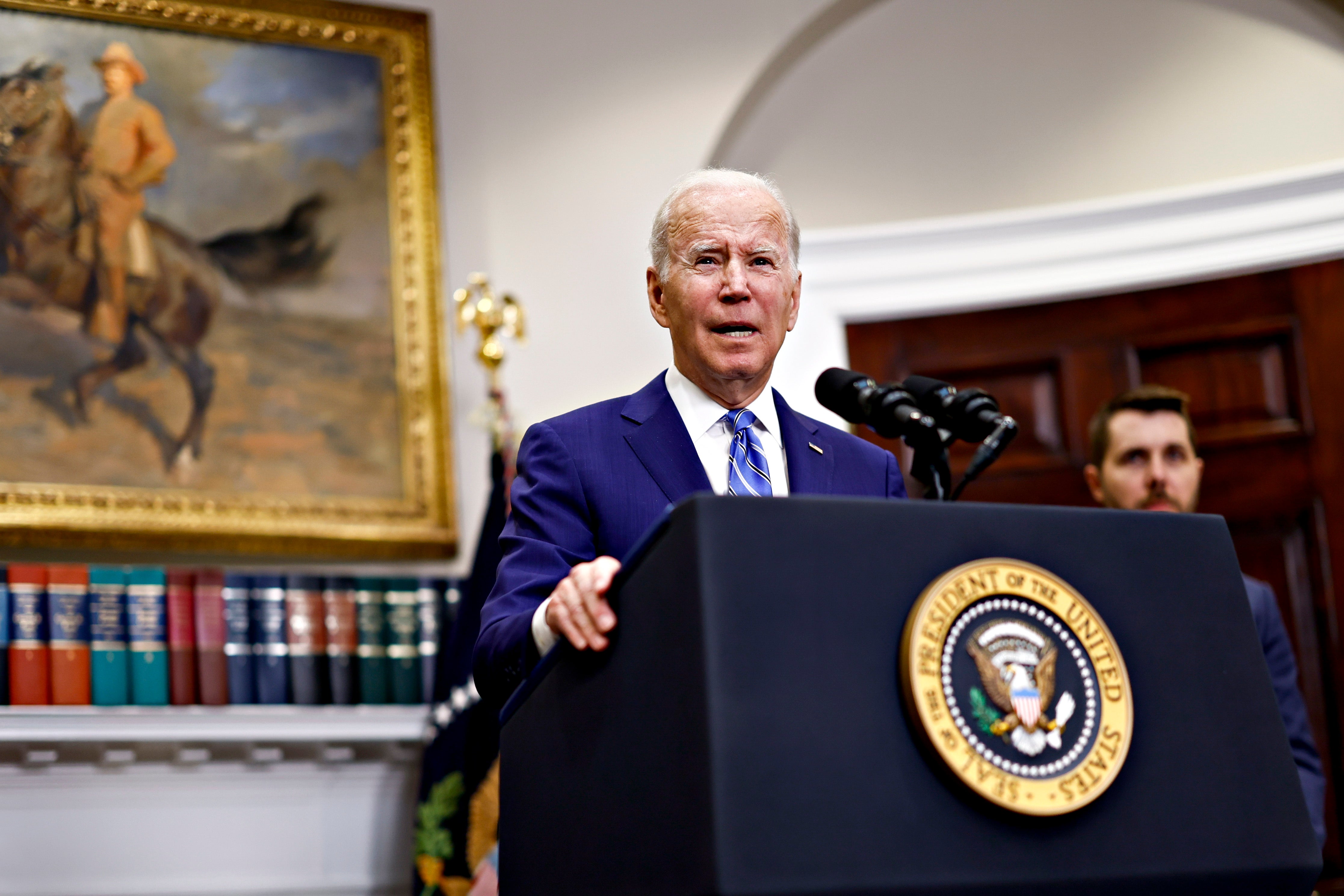 US President Joe Biden speaks in the Roosevelt Room of the White House in Washington, D.C., USA, 04 May 2022.