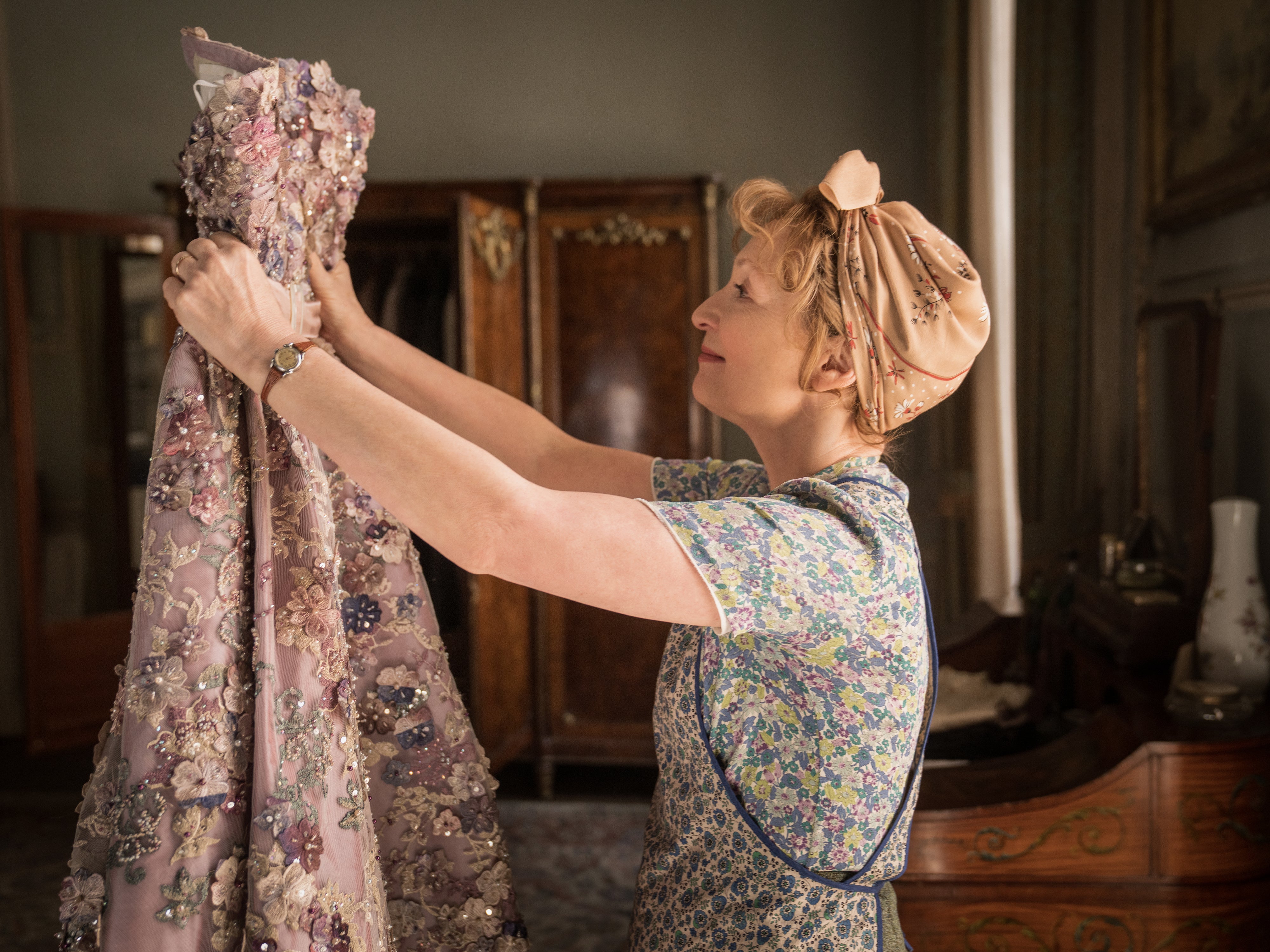 Lesley Manville as a British cleaning lady who heads to the French capital in search of high couture in the upcoming film ‘Mrs Harris Goes to Paris’