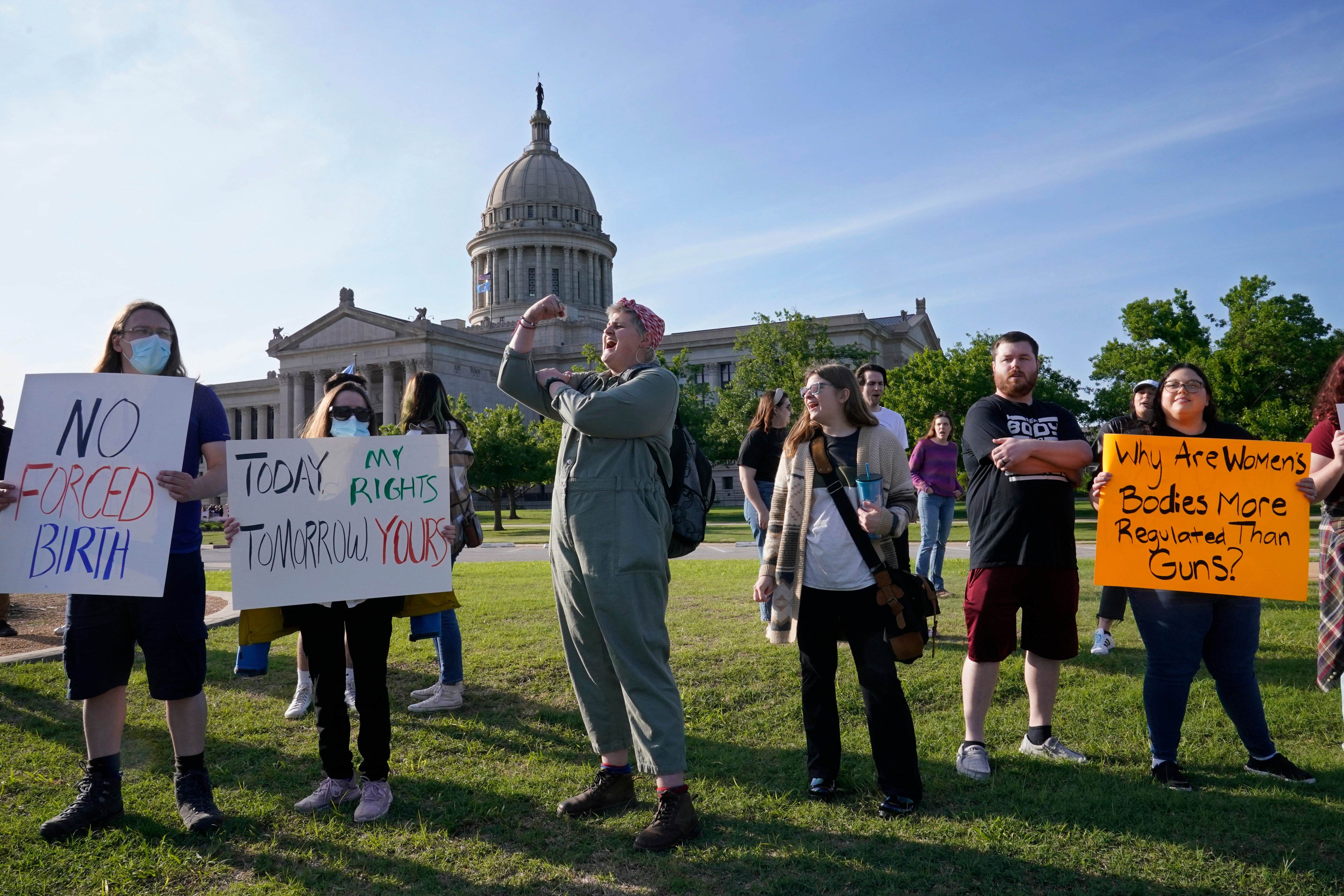 Abortion rights advocates protest outside the state capitol in Oklahoma City after Governor Kevin Stitt signed a law banning abortions at six weeks of pregnancy on 3 May.