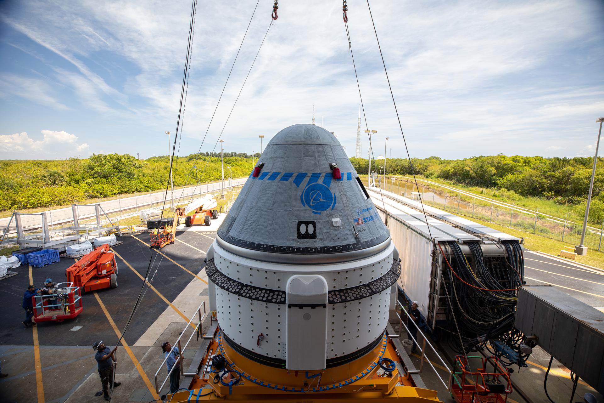 The Boeing Starliner is prepared to mounting on a rocket ahead of a 19 May flight test