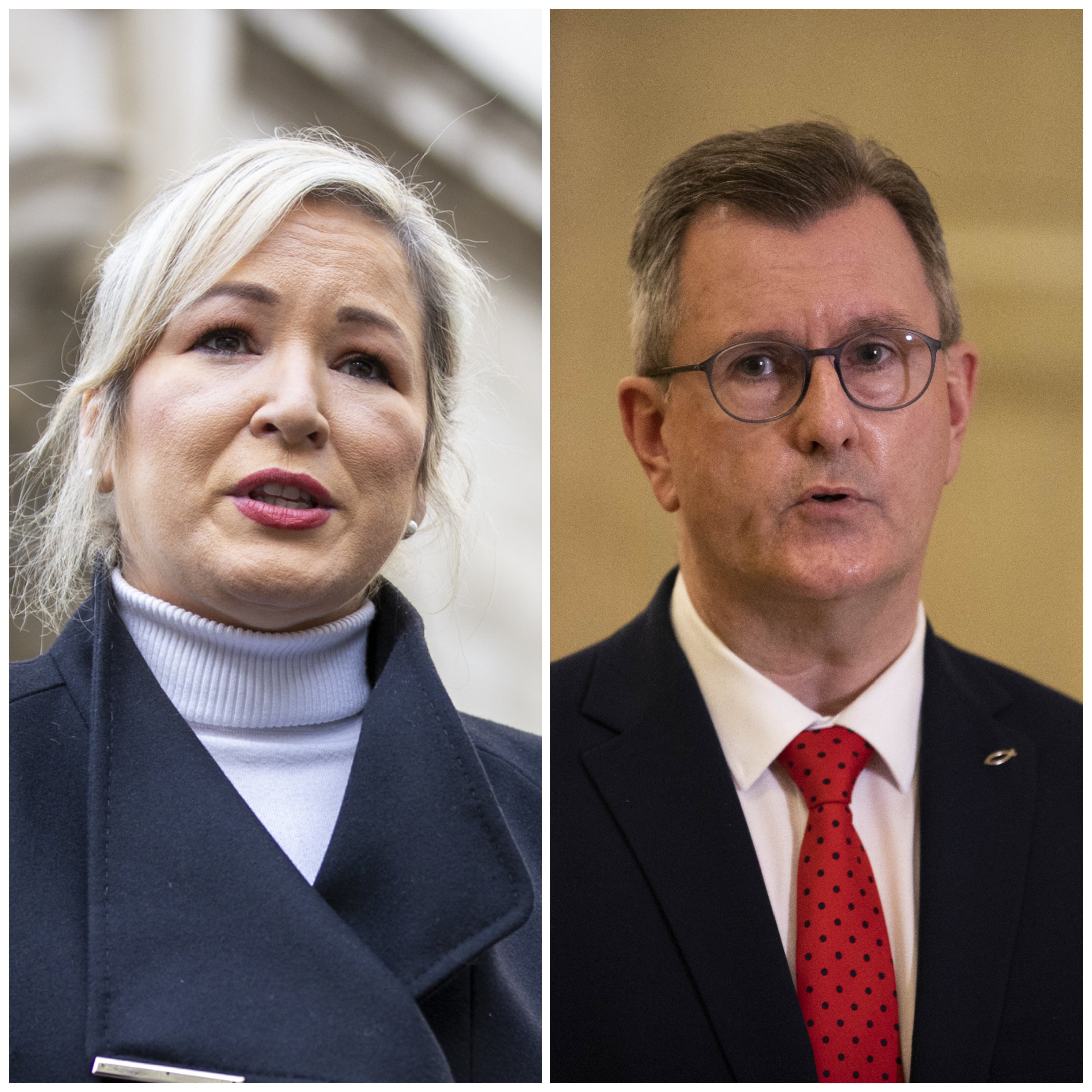 Sinn Fein vice-president Michelle O’Neill and DUP leader Jeffrey Donaldson are vying to top the poll in the Stormont election (PA)