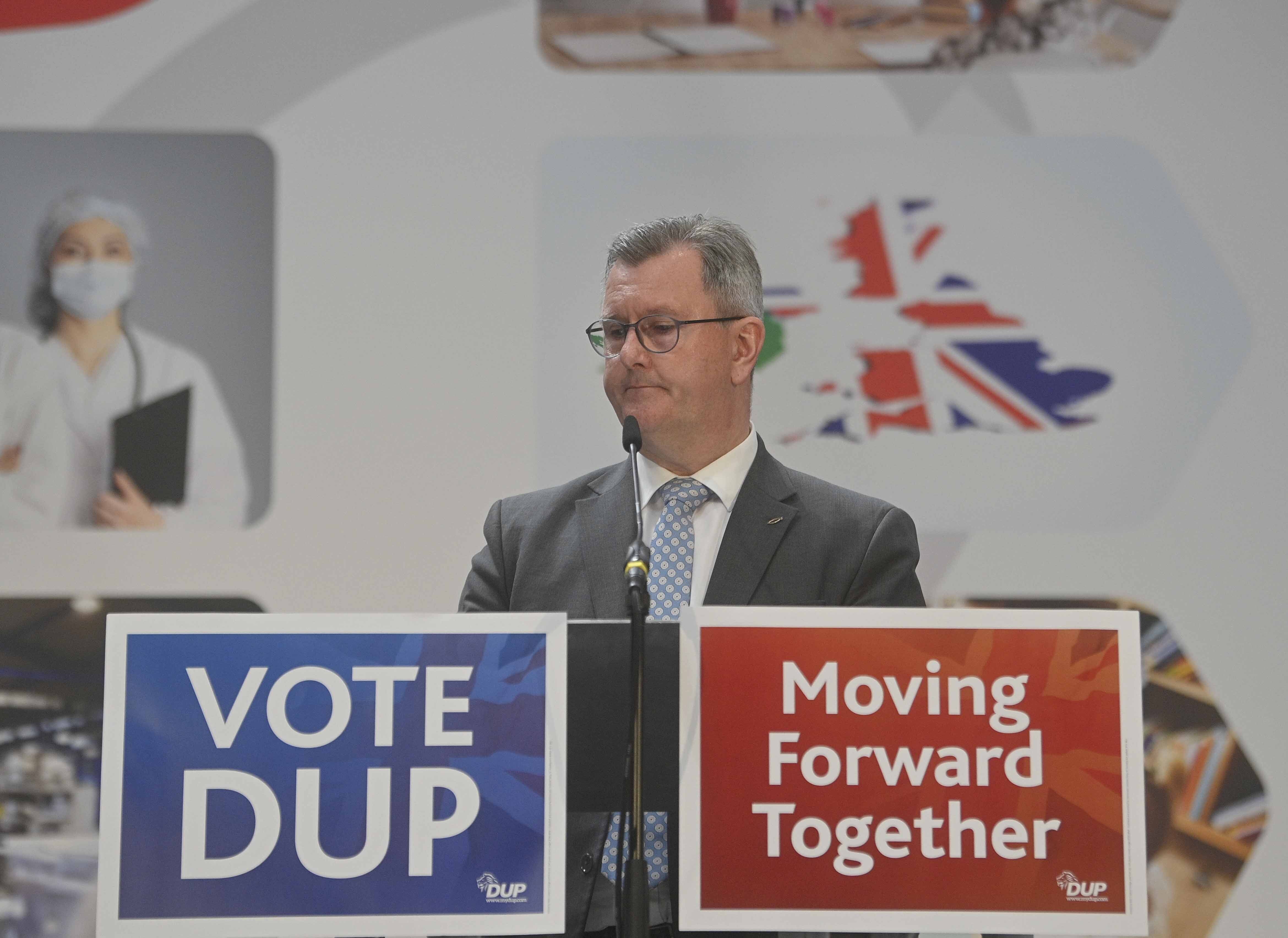 DUP leader Sir Jeffrey Donaldson during the party’s manifesto launch (PA)