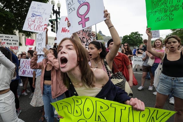 <p>Abortion-rights advocates demonstrate in front of the US Supreme Court Building on 4 May, 2022 in Washington</p>