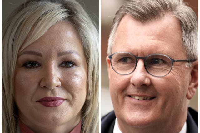 Sinn Fein vice president Michelle O’Neill and DUP leader Sir Jeffrey Donaldson are both hoping to lead their parties to victory in the Stormont Assembly election (PA)