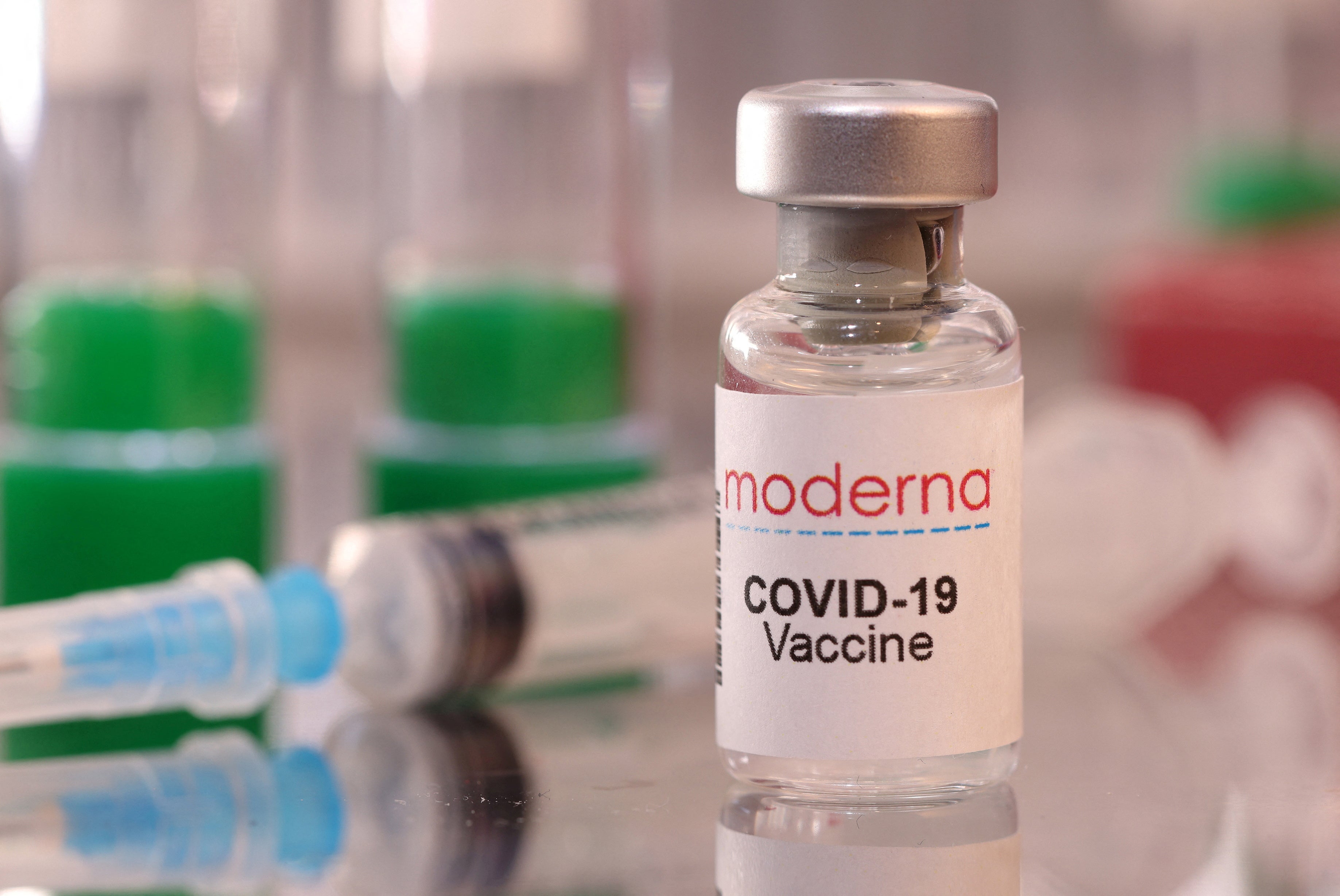 A vial labelled ‘Moderna Covid-19 Vaccine’ is seen in this illustration taken 16 January 2022