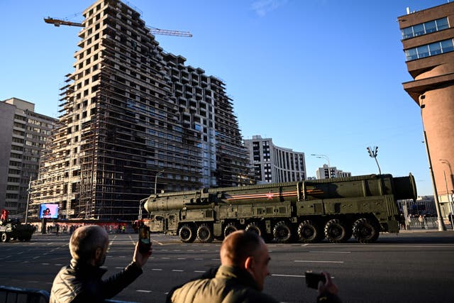 <p>A Russian Yars intercontinental ballistic missile launcher drives along the Garden Ring road towards the Red Square for a rehearsal of the Victory Day military parade, in central Moscow </p>