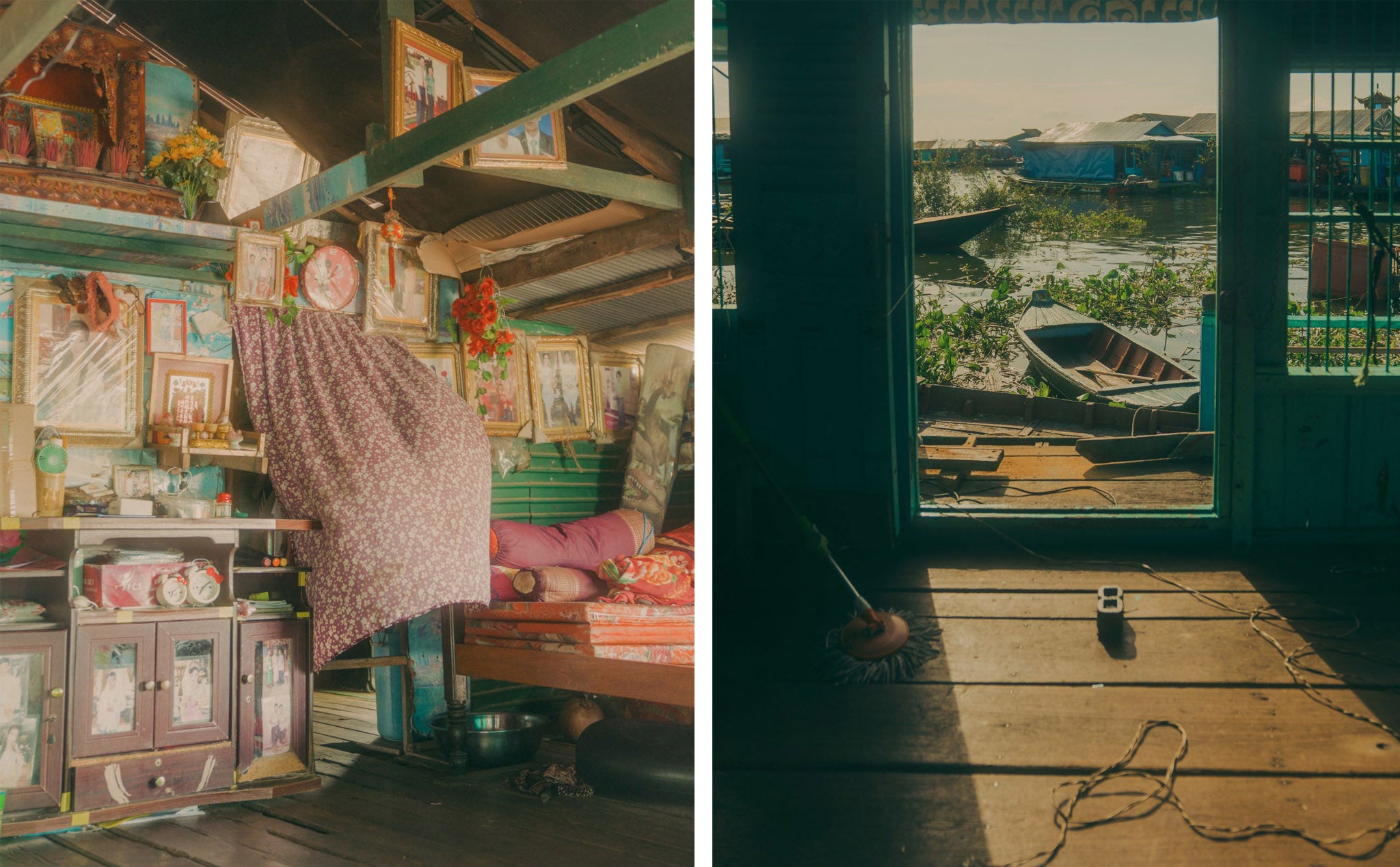 Left, an interior of a floating home; right, a view of Kampong Luong floating village