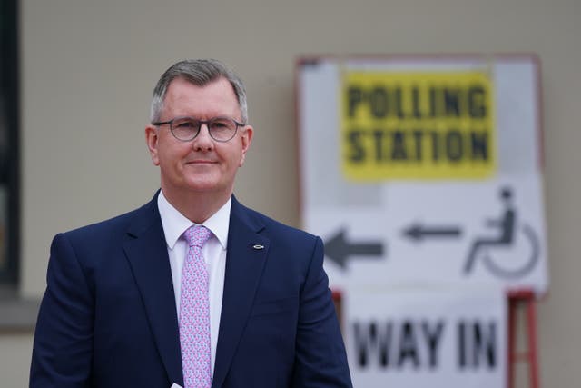Democratic Unionist leader Sir Jeffrey Donaldson at the polling station at Dromore Central Primary School in Dromore, after casting his vote in the 2022 NI Assembly election (Brian Lawless/PA)