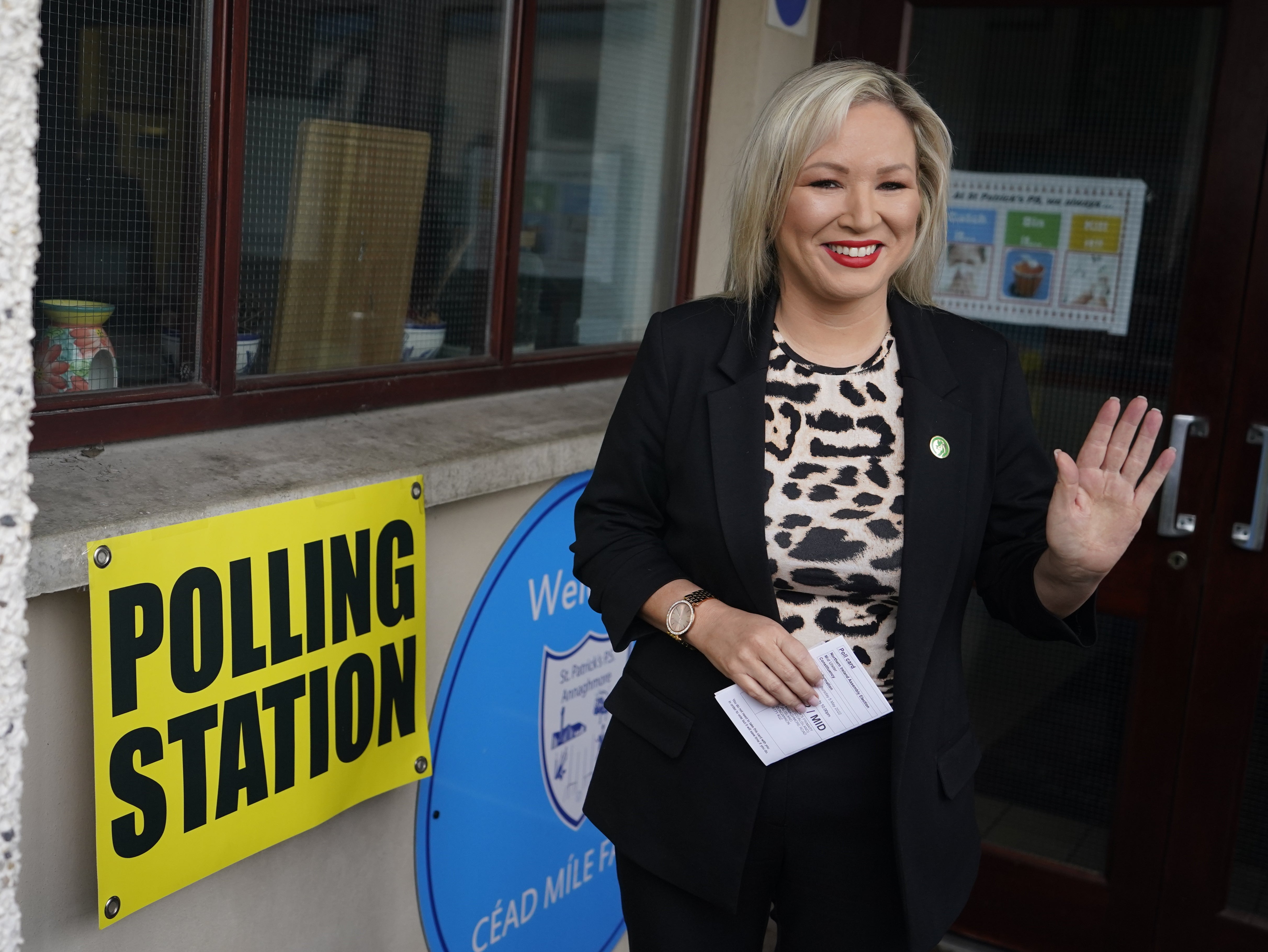Sinn Fein’s Vice-President Michelle O’Neill arrives at the polling station at St Patrick’s Primary School (Annaghmore) in Clonoe in County Tyrone, to cast their vote in the 2022 NI Assembly election (Niall Carson/PA)