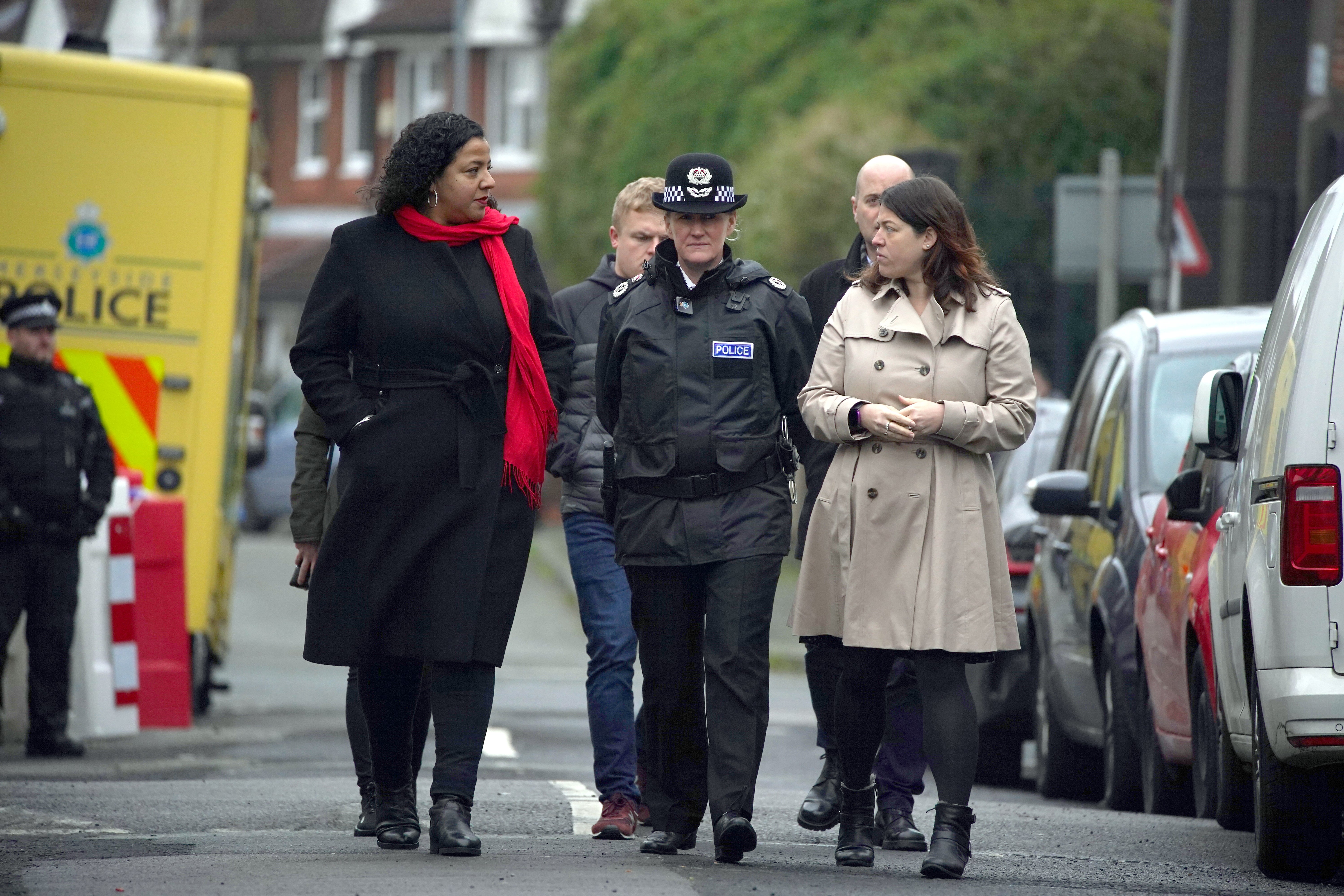 Merseyside PCC Emily Spurrell (right) with Mayor of Liverpool Joanna Anderson and Merseyside Police Chief Constable Serena Kennedy on a walkabout in Liverpool (Peter Byrne/PA)