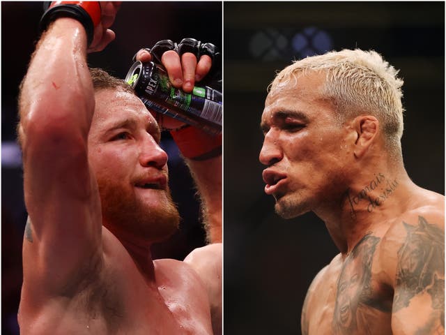 <p>Justin Gaethje (left) challenges Charles Oliveira for the UFC lightweight title</p>