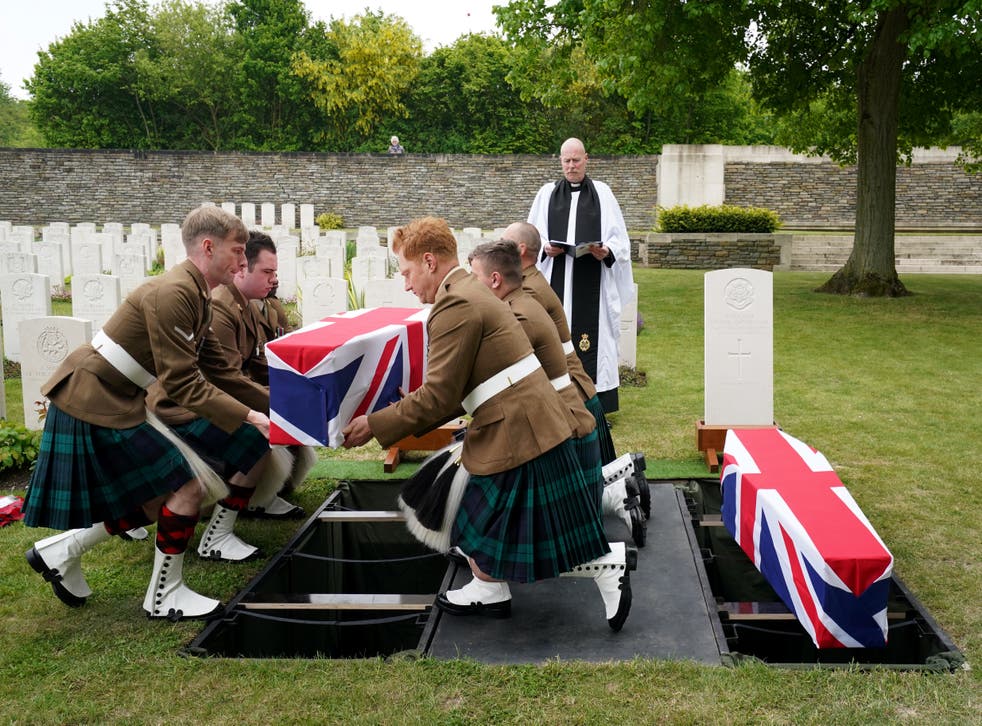 A bearer party from the Royal Regiment of Scotland carry the coffin of Private William Johnston as he is buried with full military honours at Loos British Cemetery, Loos-en-Gohelle, France (Gareth Fuller/PA)