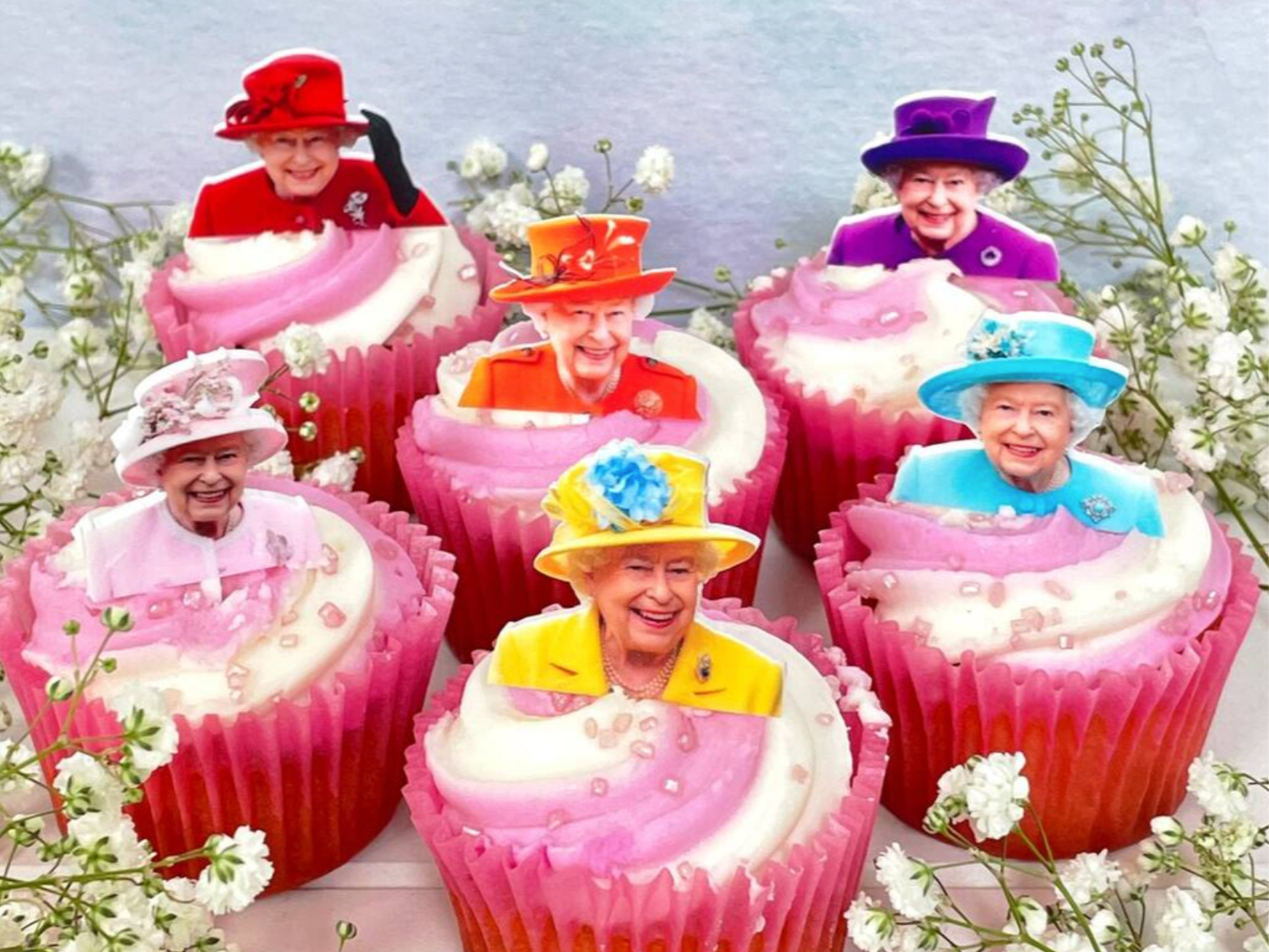 Set of six jubilee cupcake toppers featuring the Queen.png