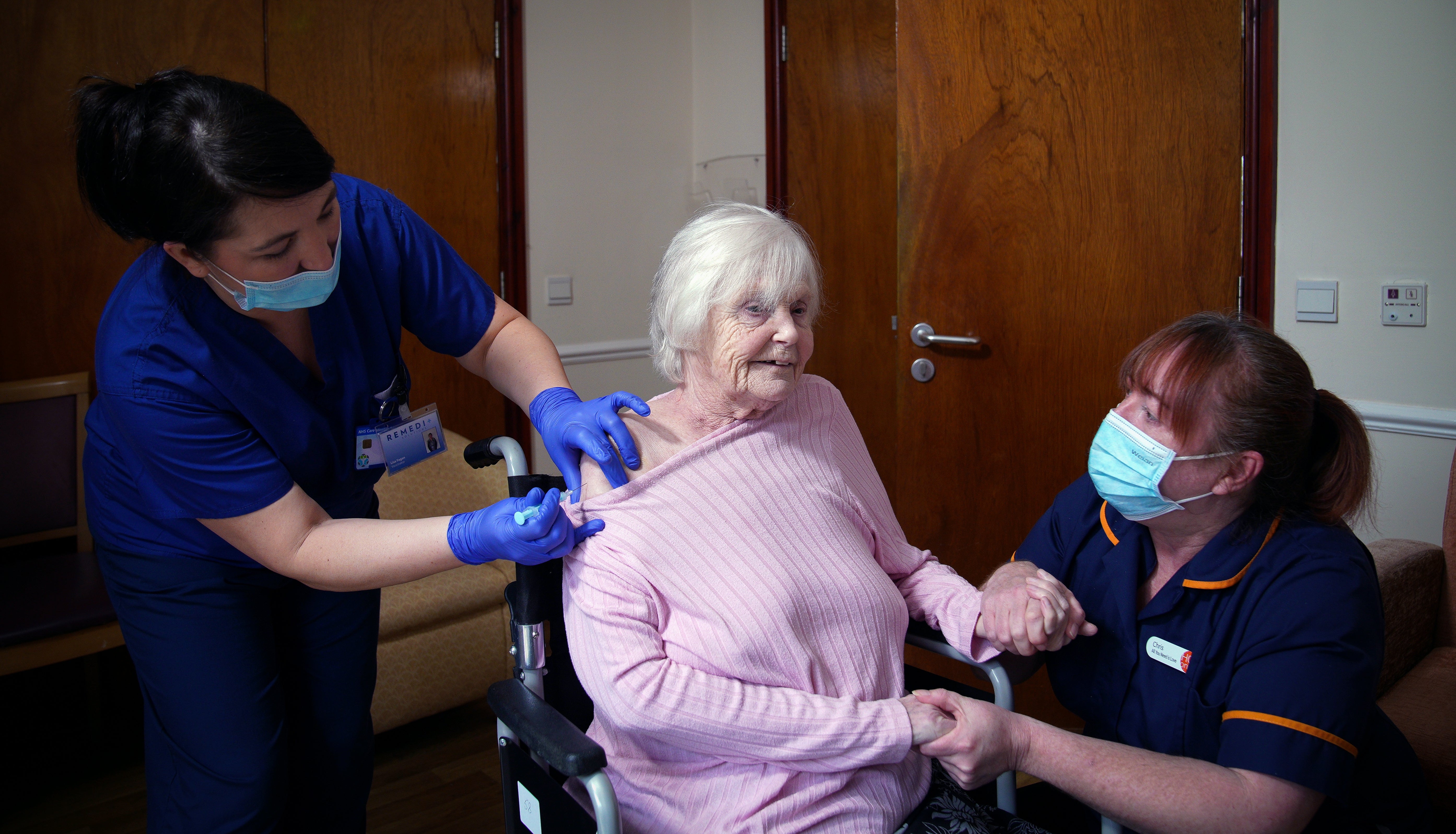 Bettie McCluckie receives a spring booster of Covid-19 vaccine at Overdene House care home in Winsford, Cheshire (Peter Byrne/PA)