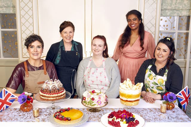 The finalists of the contest, Sam, Susan, Kathryn, Shabnam, Jemma with their puddings (BBC/PA)