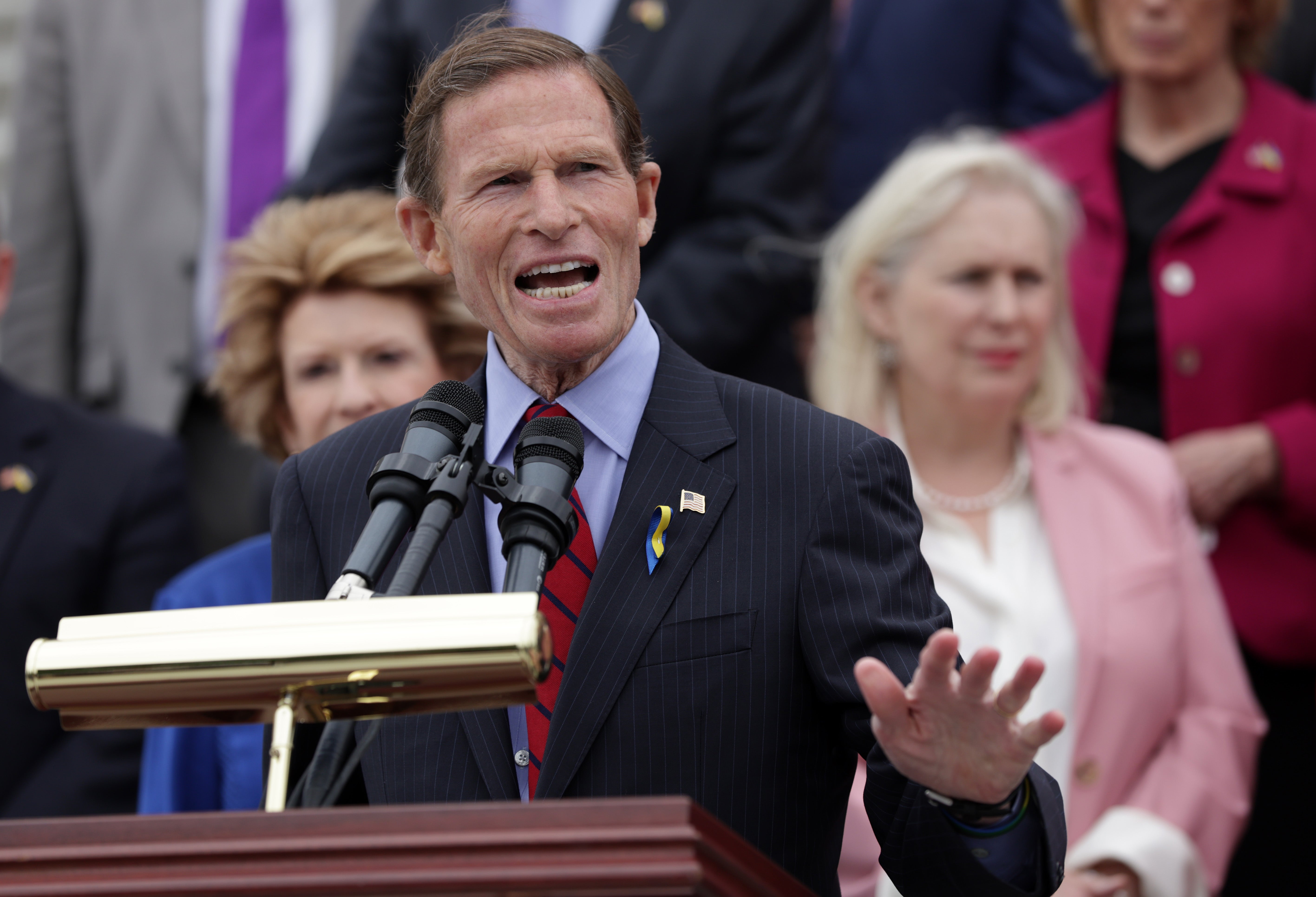 Sen. Richard Blumenthal (D-CT) speaks during an event on the leaked Supreme Court draft decision to overturn Roe v. Wade on the steps of the U.S. Capitol May 3, 2022