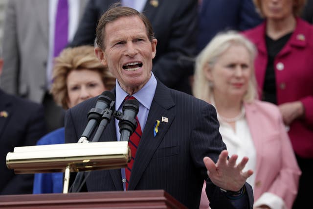 <p>Sen. Richard Blumenthal (D-CT) speaks during an event on the leaked Supreme Court draft decision to overturn Roe v. Wade on the steps of the U.S. Capitol May 3, 2022</p>