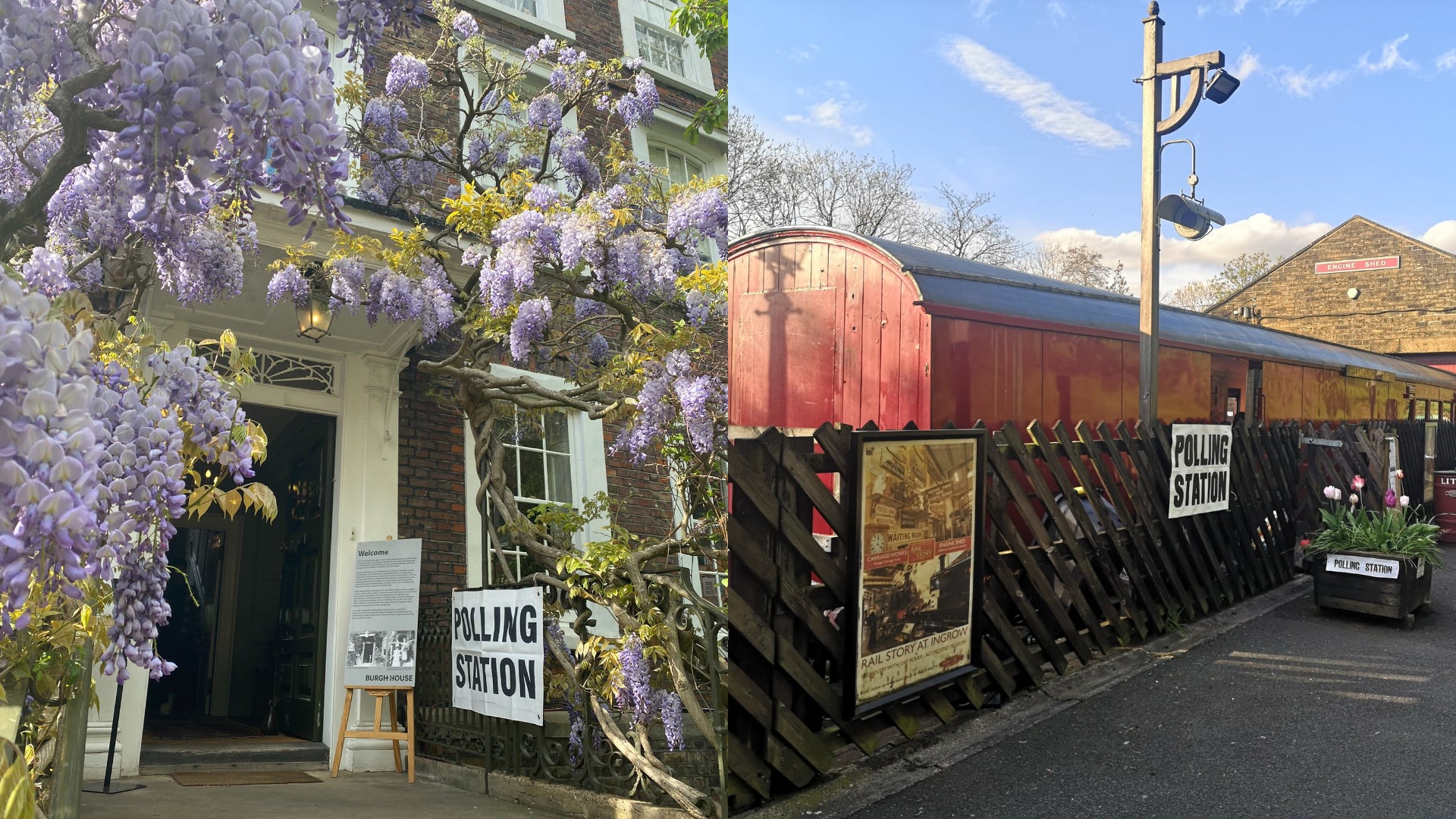 Pictures of two polling stations, one in Hampstead, London (left) and the other in West Yorkshire (@LauraHolland/Twitter and Alison Coulter/PA)