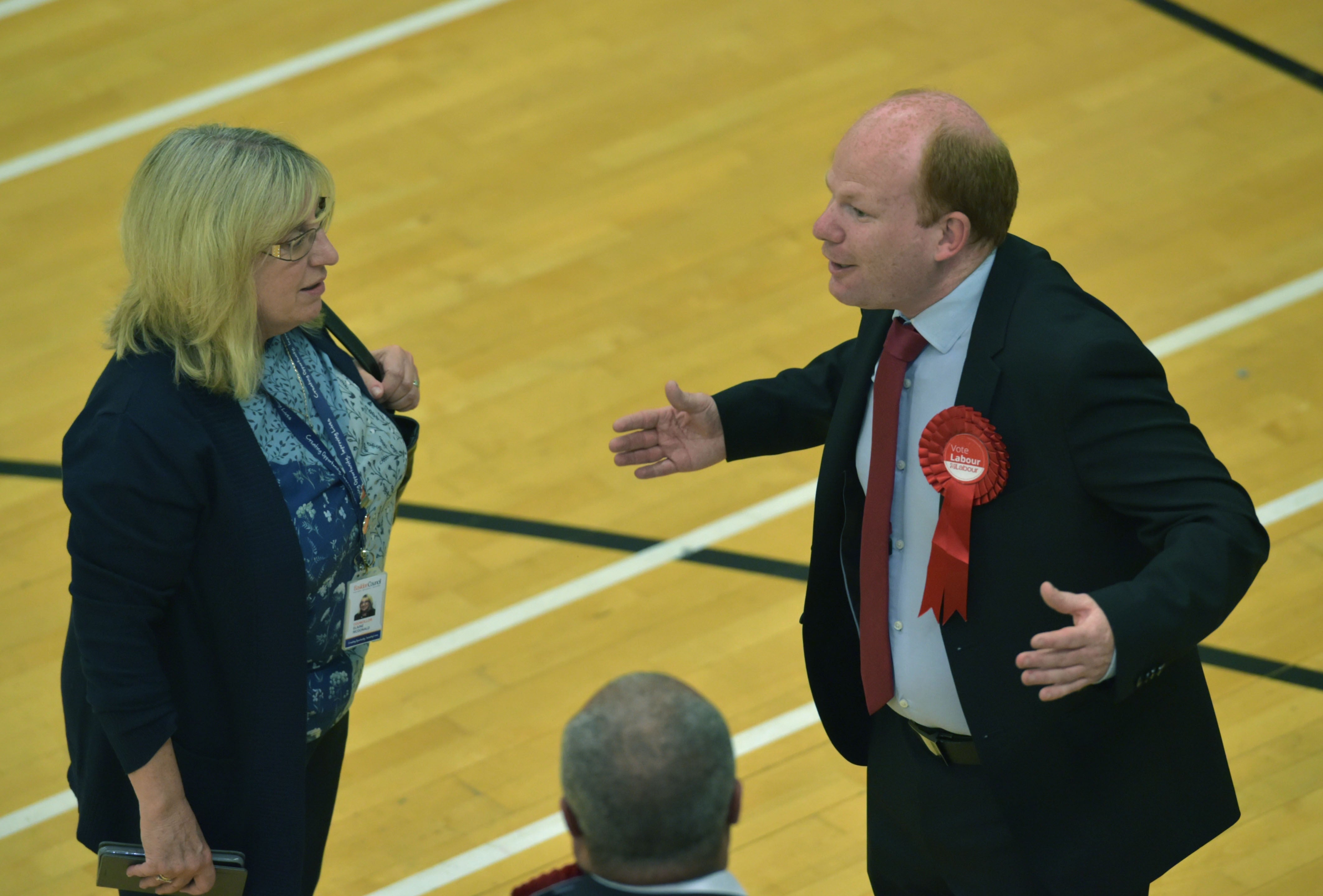 Leader of the Labour group in Basildon, Jack Ferguson (right) reacts after losing his seat in the Pitsea North West Ward, at the Basildon Sporting Village, in Basildon, Essex. (Nick Ansell/ PA)