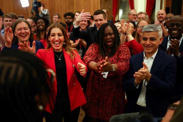 London Mayor Sadiq Khan and Labour party MP Dr. Rosena Allin-Khan celebrate a win announcement amidst the counting process during local elections, at Wandsworth Town Hall, London, Britain 6 May 2022