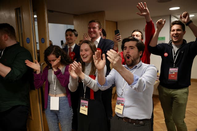 <p>Labour Party candidates and supporters celebrate after the Labour gain of Westminster City Council</p>