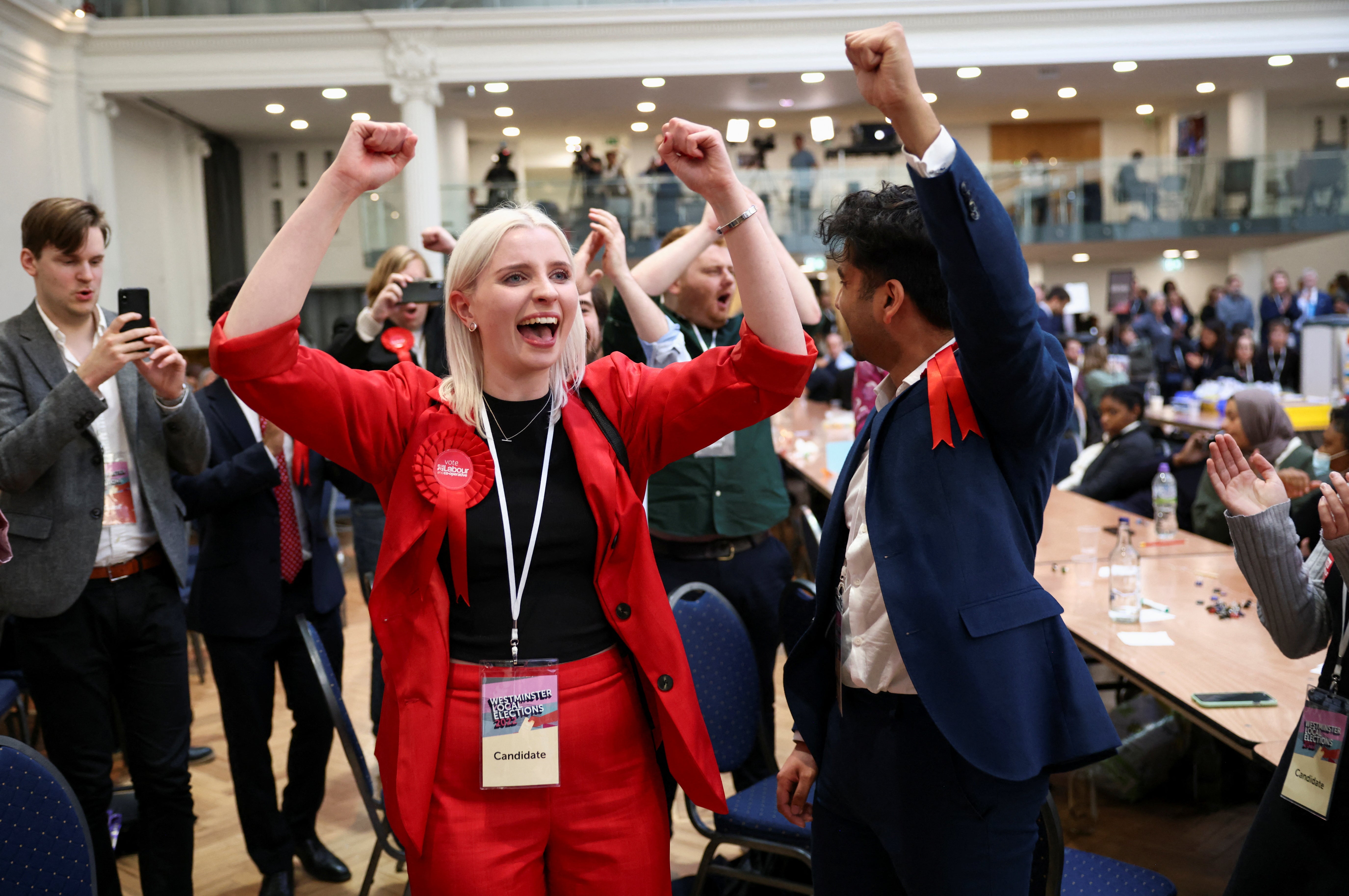 Labour Party candidates and supporters celebrate after the Labour gain of Westminster City Council