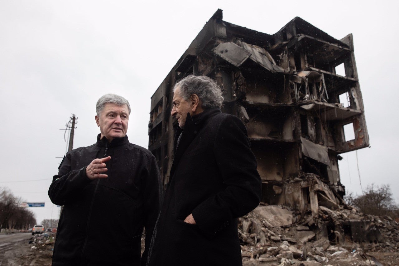 Mr Poroshenko with French philosopher and writer Bernard-Henri Levy in Borodianka, Kyiv