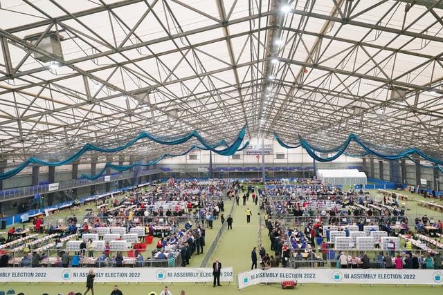 A general view of votes being counted at the Northern Ireland Assembly Election count centre at Meadowbank Sports arena in Magherafelt in Co County Londonderry (Niall Carson/PA)