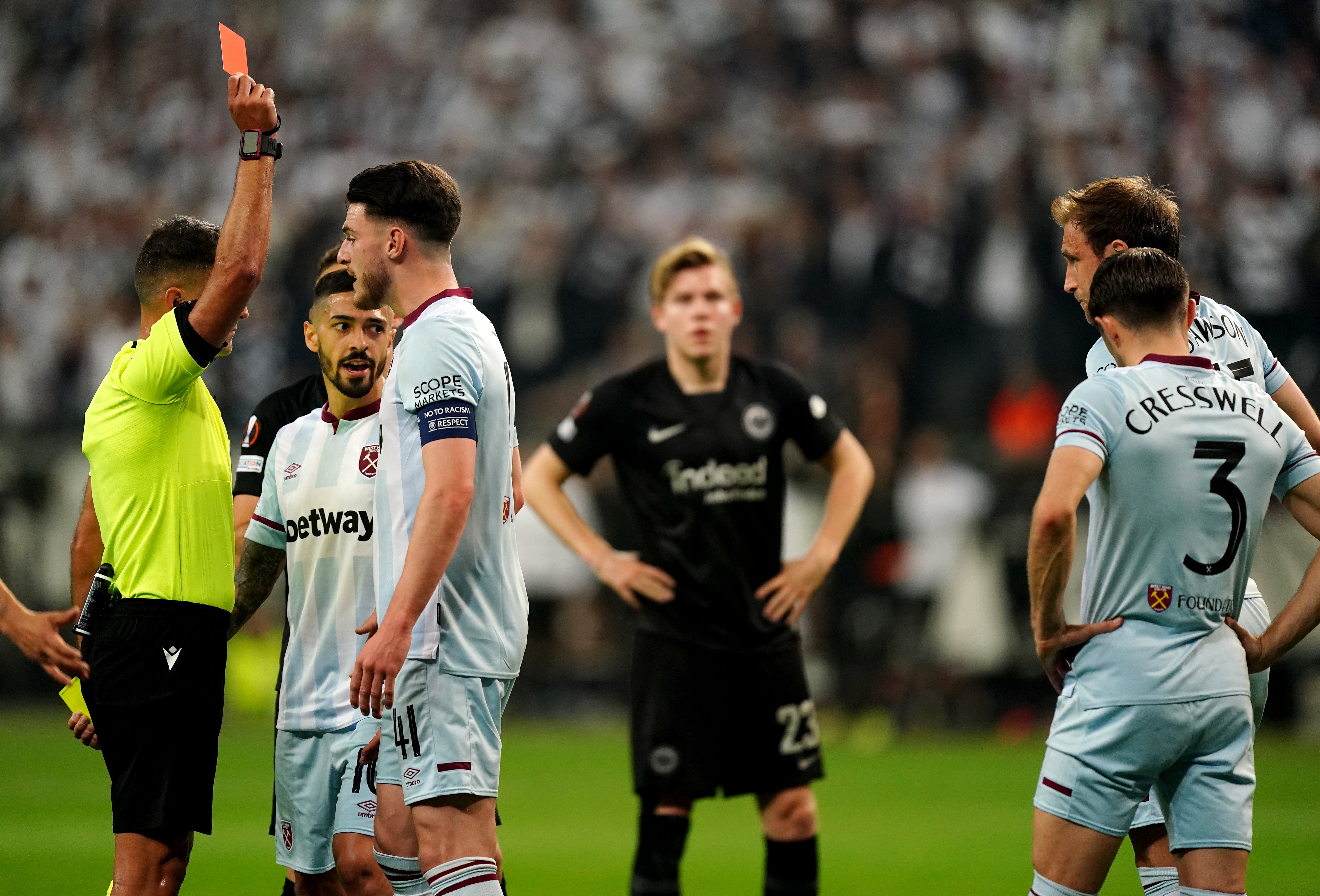 Aaron Cresswell (right) was sent off in Frankfurt, as he was at home to Lyon in the quarter-finals (Mike Egerton/PA)