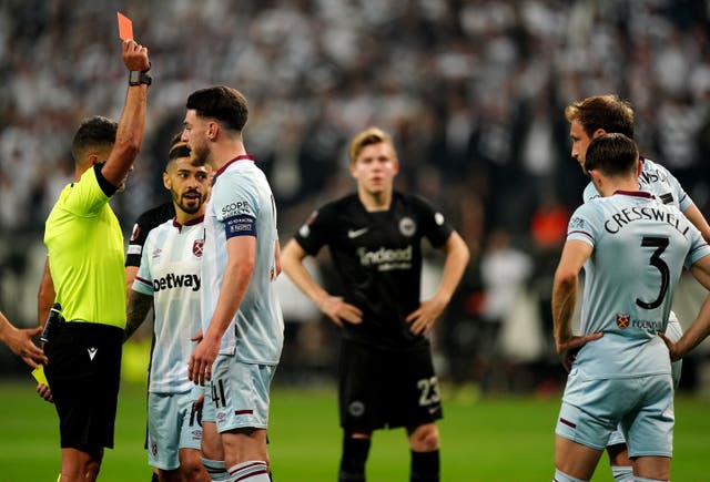 <p>Aaron Cresswell (right) was sent off in Frankfurt, as he was at home to Lyon in the quarter-finals (Mike Egerton/PA)</p>