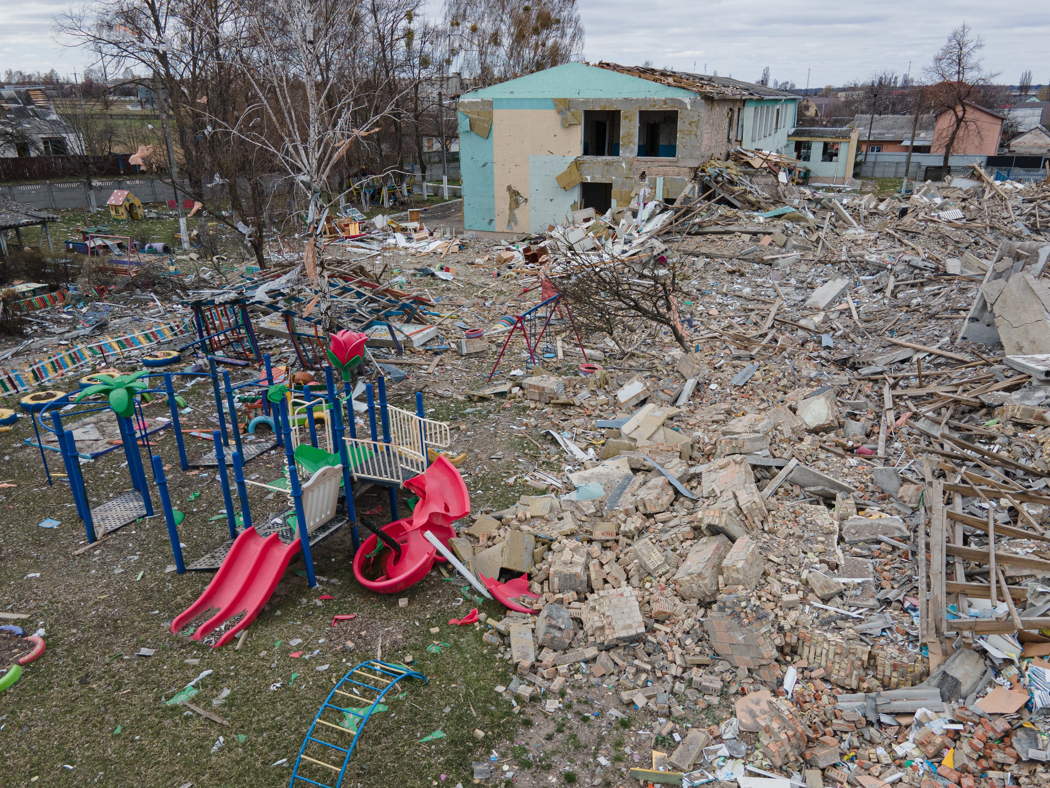 A kindergarten building in Makariv was destroyed early in March as Russian forces attacked the town – file photo