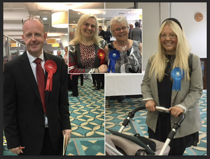 Newcastle-under-Lyme Borough Council election: Labour leader Mike Stubbs; ward rivals Claire Radford and Lilian Barker; and new Conservative councillor Amy Bryan