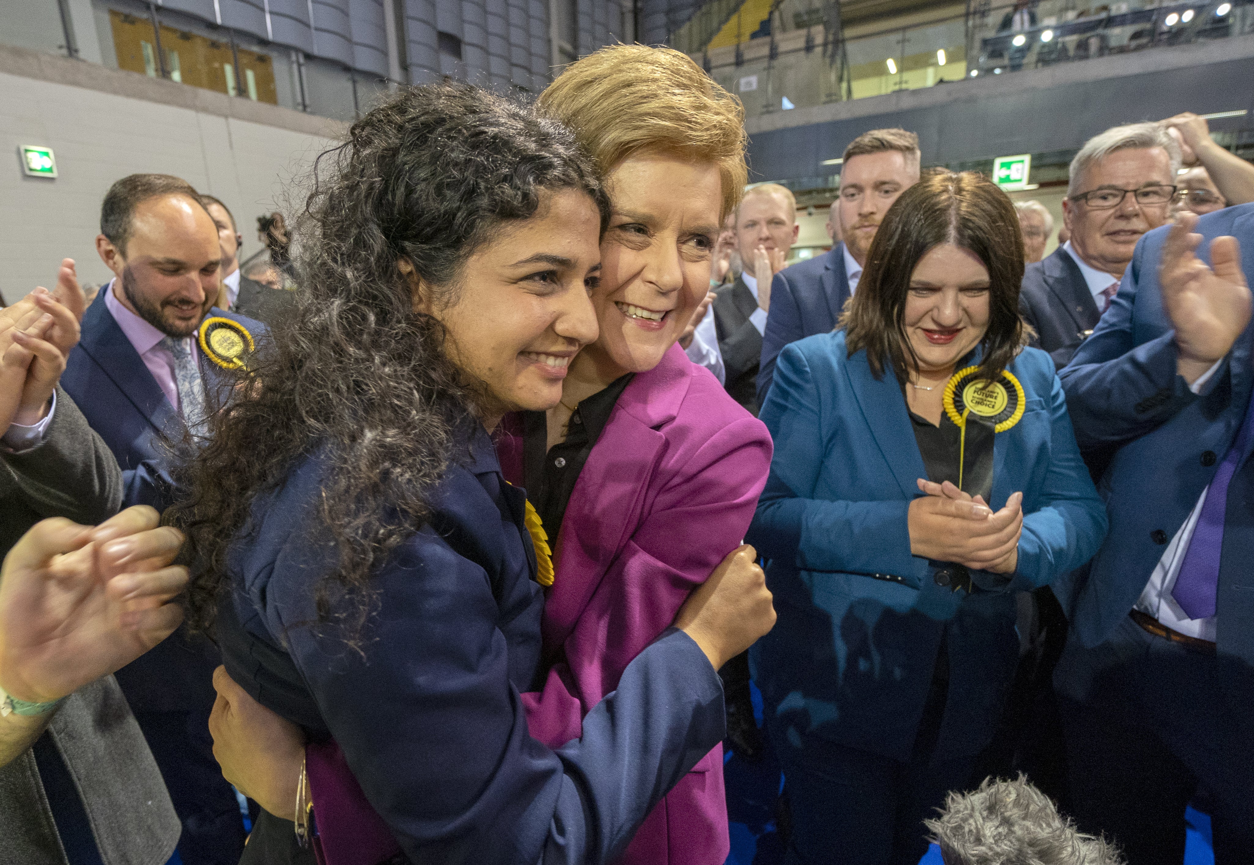 First Minister Nicola Sturgeon with SNP’s Roza Salih (left) at the Glasgow City Council count (Jane Barlow/PA)