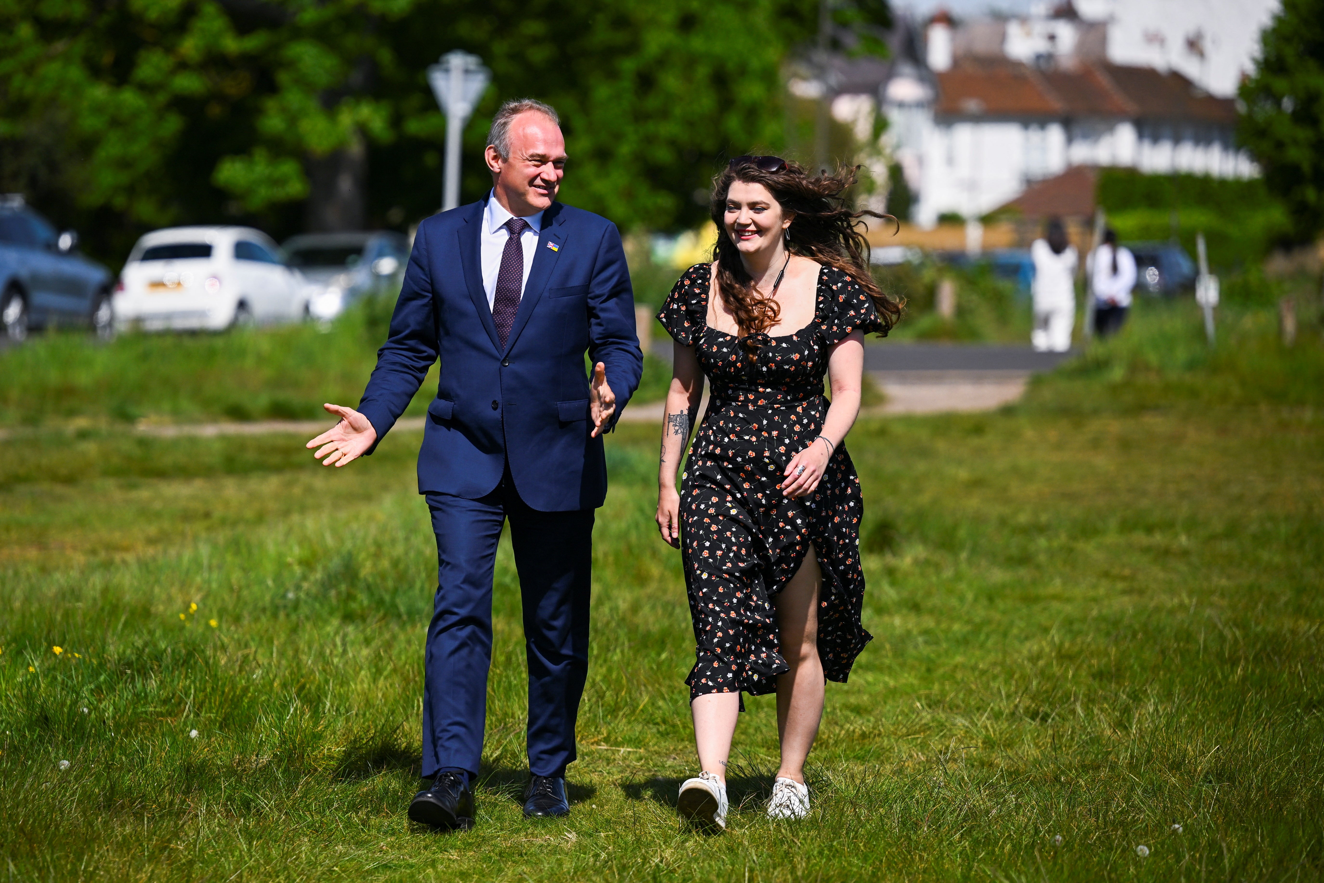 Liberal Democrats leader Ed Davey arrives with local activist Jessie Flack at an event celebrating the results of the 2022 local elections in Wimbledon on 6 May, 2022