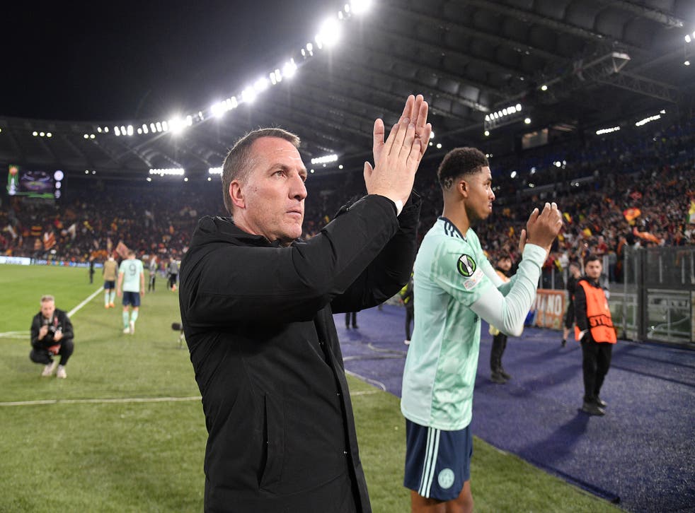 Leicester manager Brendan Rodgers applauds the travelling fans after losing to Roma. (Fabrizio Corradetti/PA)