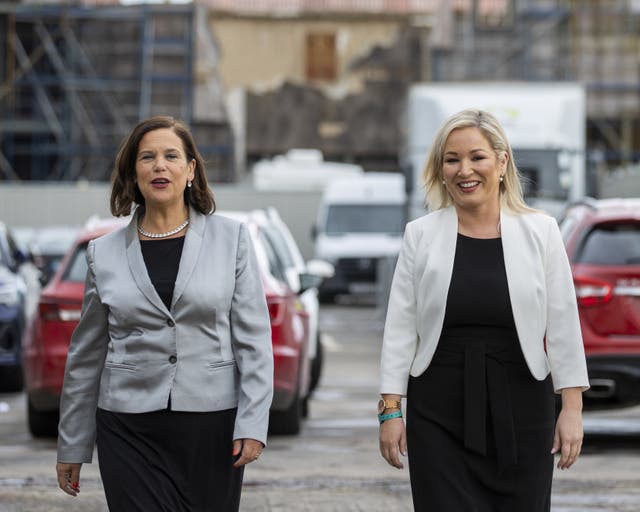 Sinn Fein President Mary Lou McDonald (left) arrives with Vice-President Michelle O’Neill (right) to the Titanic Exhibition Centre in Belfast, as counting continues for the Northern Ireland Assembly (Liam McBurney/PA)