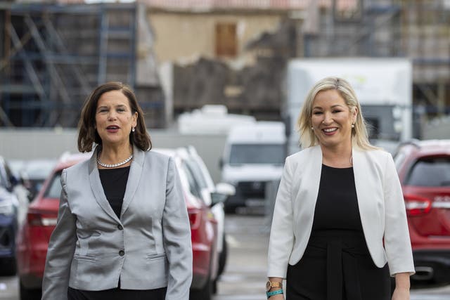 Sinn Fein President Mary Lou McDonald (left) arrives with Vice-President Michelle O’Neill (right) to the Titanic Exhibition Centre in Belfast, as counting continues for the Northern Ireland Assembly (Liam McBurney/PA)