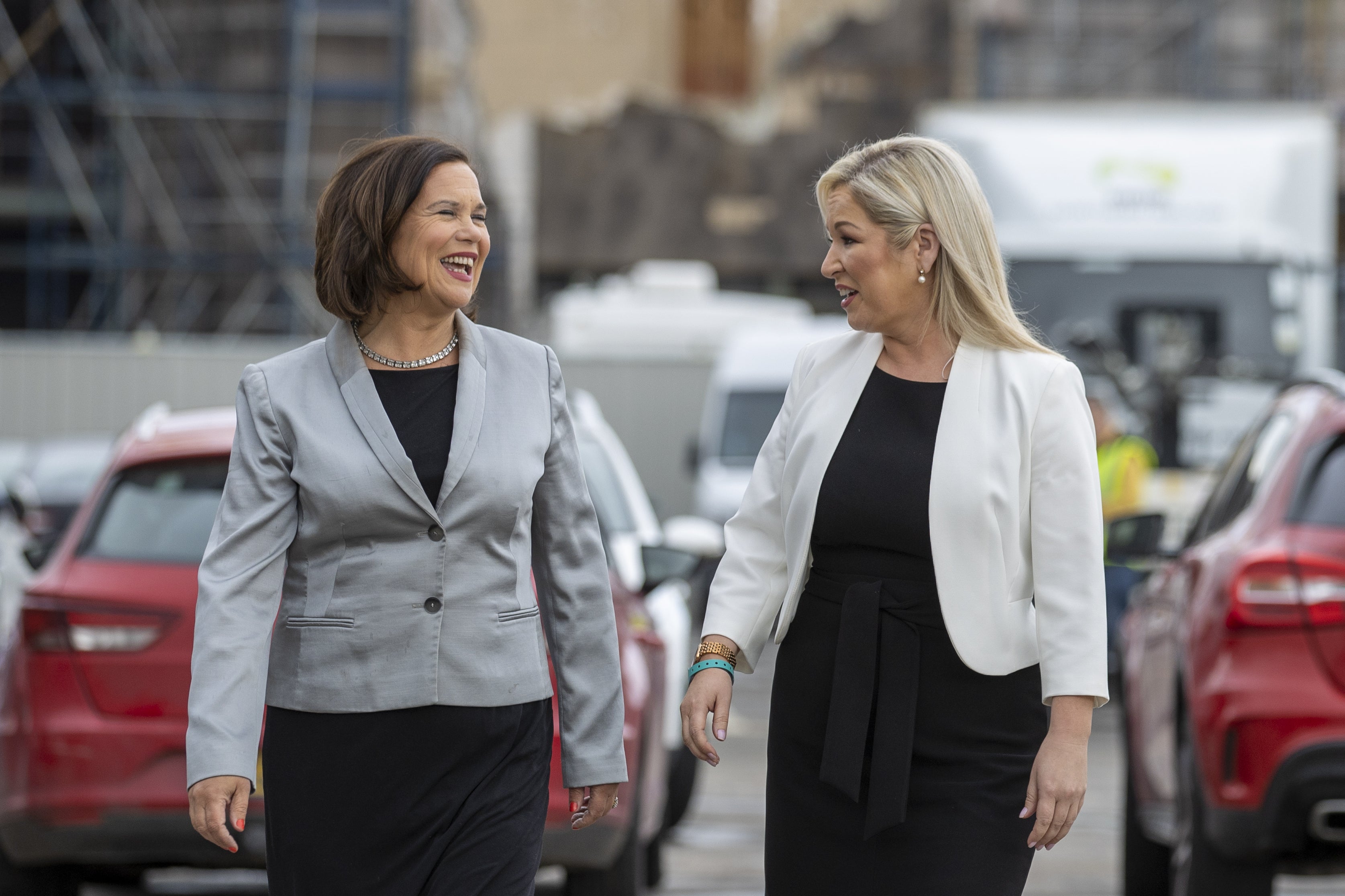 Sinn Fein President Mary Lou McDonald (left) arrives with Vice-President Michelle O’Neill (right) to the Titanic Exhibition Centre in Belfast, as counting continues for the Northern Ireland Assembly. (Liam McBurney/PA)