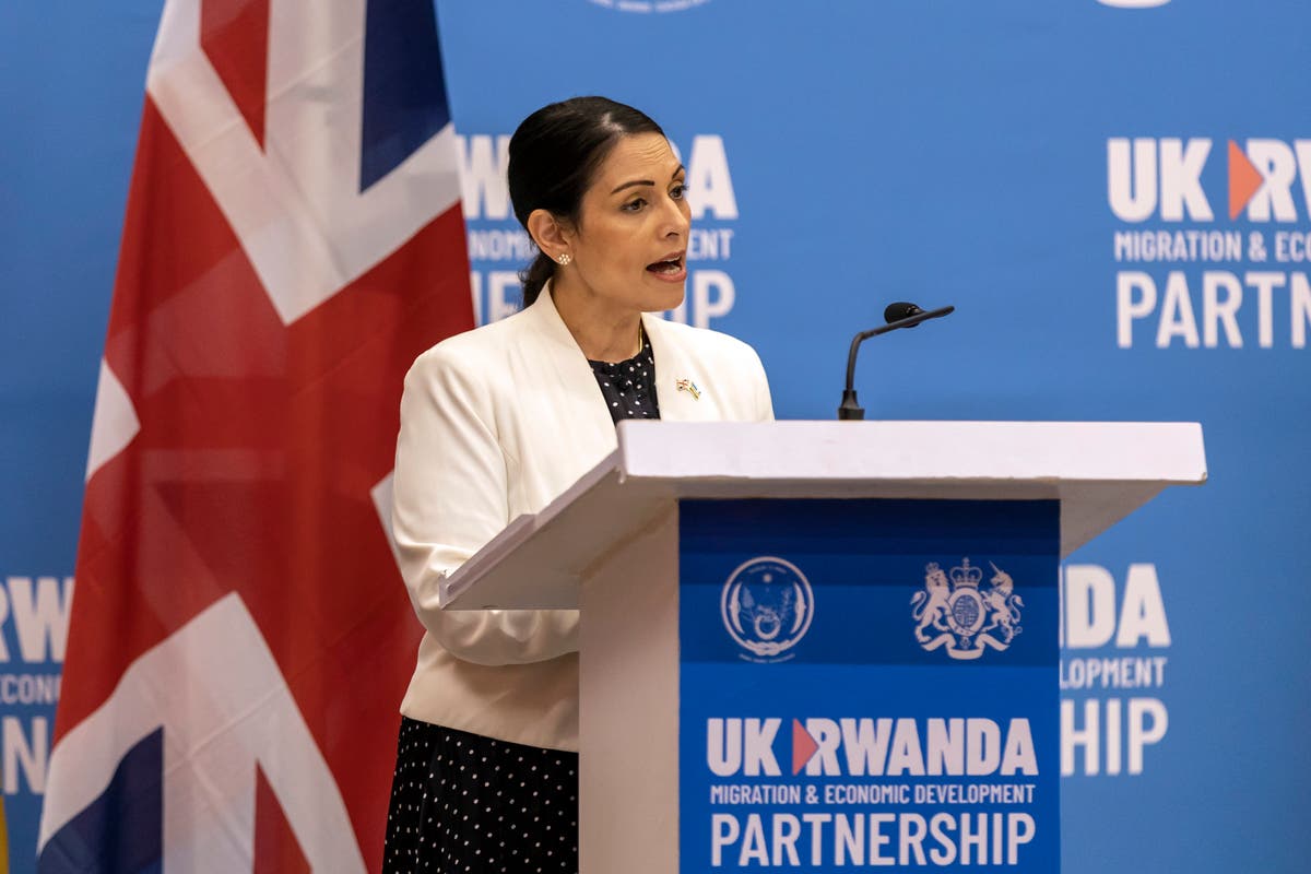 Activists disrupt Priti Patel speech in protest over &lsquo;morally bankrupt&rsquo; Rwanda asylum plan