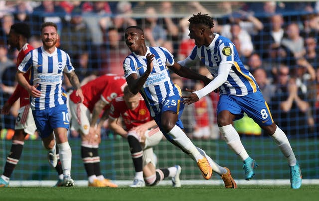 <p>Moises Caicedo celebrates with Yves Bissouma yesterday after scoring Albion’s first goal</p>