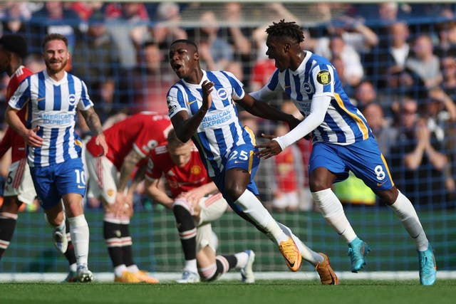 <p>Moises Caicedo celebrates with Yves Bissouma yesterday after scoring Albion’s first goal</p>