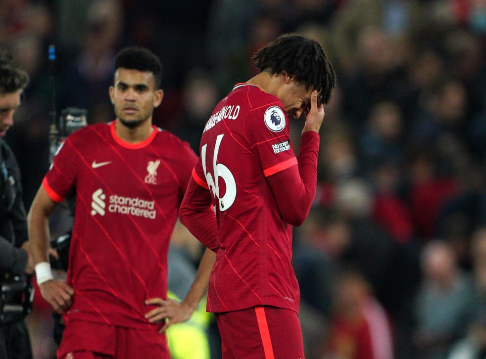 <p>Luis Diaz, left, and Trent Alexander-Arnold after the final whistle on Saturday night</p>