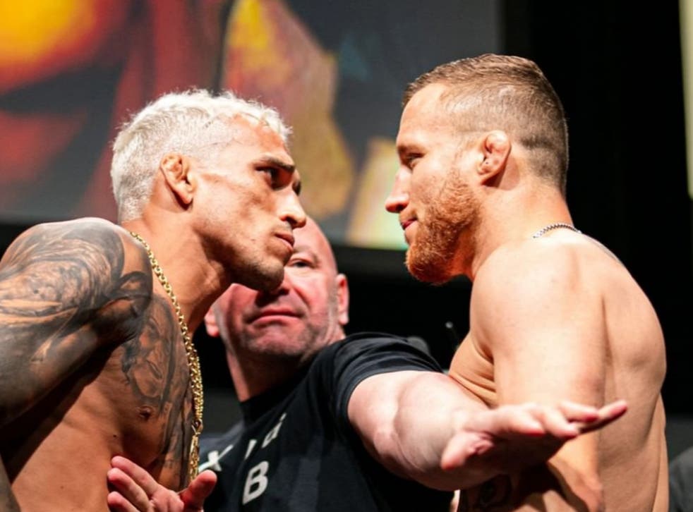 <p>Charles Oliveira (left) takes on Justin Gaethje</p>